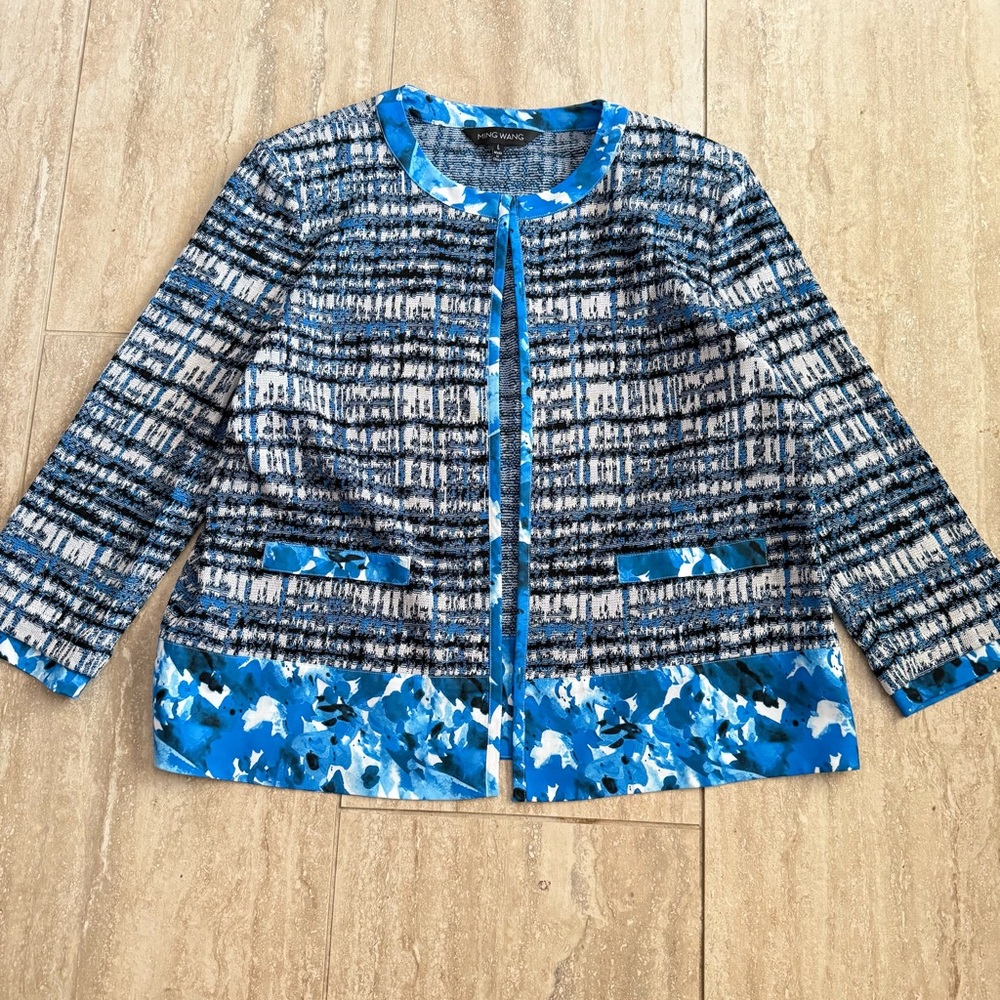 Ming Wang Blue Floral  Career Jacket Corpcore Oldmoney Quietluxury Preppy Sz L